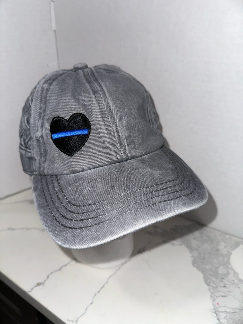 C.C Gray Baseball Cap with Black Heart Patch and Blue Stripe